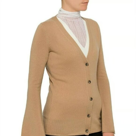 Theory 100% Cashmere Camel Tan Button-Up Cardigan with Bell Sleeves - Picture 9 of 11